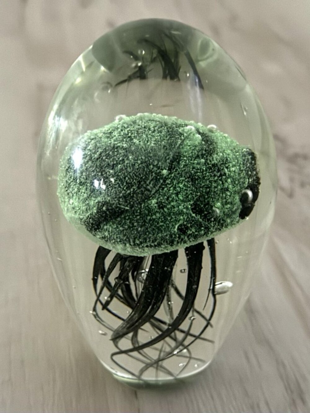 5" Handblown Art Glass GLOW-IN-THE-DARK Suspended Jellyfish Bubbles PAPERWEIGHT